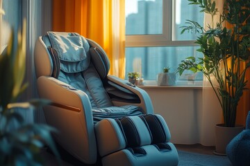 Aufkleber - Relaxation chair positioned in a bright, cozy room with natural light during the afternoon