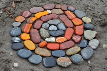 Poster - Colorful stone spiral arrangement creates a natural artwork on sandy surface in outdoor setting