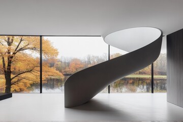 Poster - Modern curved staircase overlooking a serene autumn landscape by a tranquil lake