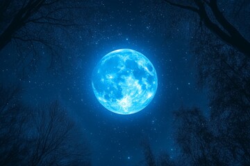 Poster - Expect a mesmerizing night with a bright blue moon illuminating the star-filled sky above silhouetted trees in a serene landscape