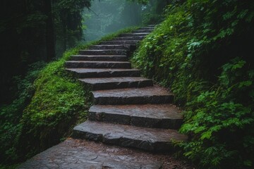 Poster - Stairs winding through lush forest greenery in early morning mist near hiking trail