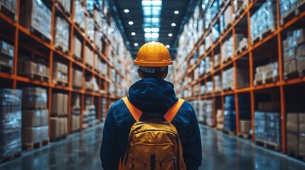 Poster - A warehouse worker wearing a hard hat and backpack surveys the well organized inventory in a logistics facility. Shelves are lined with boxes, reflecting efficient storage practices.