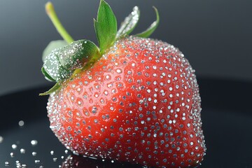Poster - Fresh strawberry with sparkling droplets resting on a dark surface in a studio setting