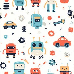 Poster - Colorful seamless pattern featuring cartoon toy robots, cars, gears, and bolts with a cute futuristic theme for baby decor Generative AI