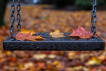 Poster - Swingset covered in autumn leaves with raindrops in a park during a rainy fall afternoon