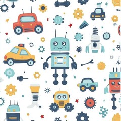 Poster - Seamless baby pattern featuring cute toy robots, tiny cars, and playful gears in soft bright colors for a futuristic theme Generative AI