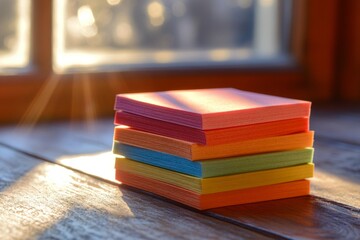 Poster - Colorful sticky notes stacked by a window in warm sunlight during the afternoon