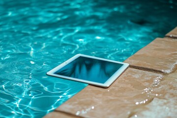 Poster - Tablet resting on the edge of a swimming pool under sunlight during a summer day