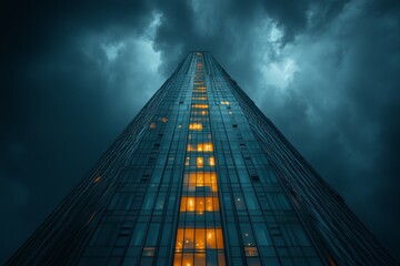 Poster - Tall glass building illuminated against dark stormy sky in urban area at nighttime