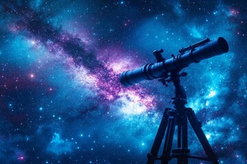 Aufkleber - Exploring the cosmos with a telescope under a vibrant night sky filled with stars and galaxies