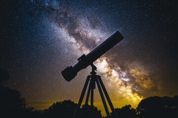 Poster - Stargazing under a clear night sky with a telescope focused on the Milky Way at a remote location
