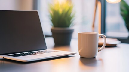 Poster - Modern workspace with a laptop and a white mug, illuminated by natural light and greenery