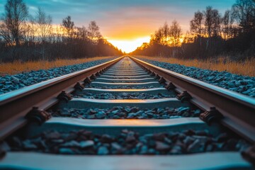 Poster - Sunset over railway tracks in a serene landscape with trees lining the horizon