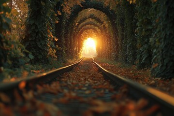 Aufkleber - Sunlight filters through a leafy tunnel over an abandoned railway track during golden hour