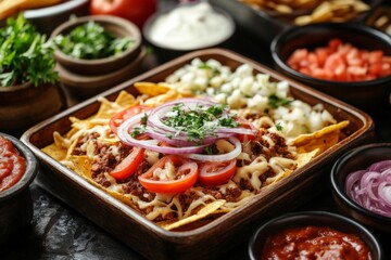 Poster - Delicious nachos topped with beef, cheese, and fresh vegetables served on a wooden tray