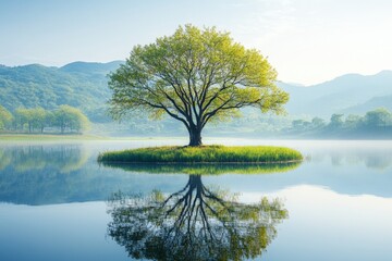 Poster - Serene landscape with a solitary tree reflecting in calm water at dawn in a tranquil setting