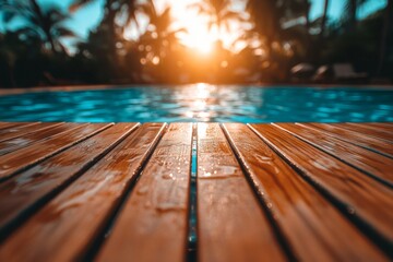 Poster - Golden sunset reflecting on tranquil pool water beside wooden deck in a tropical paradise