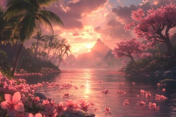 Poster - Sunrise over a tranquil river with blooming flowers and palm trees in a vibrant tropical paradise