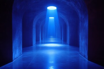 Poster - Mysterious blue-lit corridor with shafts of light illuminating the dark architecture