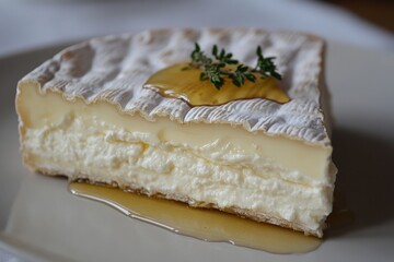 Poster - Delicious creamy cheese served with honey and herbs on a plain plate for a gourmet experience