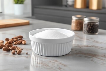 Poster - Sugar displayed in a white bowl next to almonds and spices on a kitchen countertop