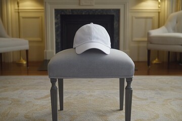 Aufkleber - White cap resting on a gray stool in an elegant room with soft lighting and armchairs