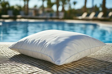 Poster - Soft white pillow resting on woven mat by clear blue swimming pool on sunny day