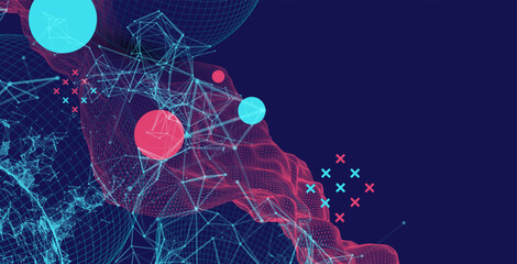 Poster - Science fiction background. Abstract image of wireframe wave and sphere with plexus effect.