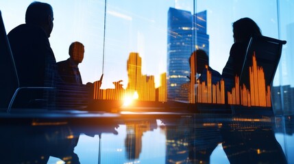 Poster - Business meeting at sunset with silhouettes discussing strategies against a city skyline