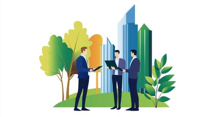 Poster - Three business professionals discussing plans outdoors amidst modern skyscrapers and greenery