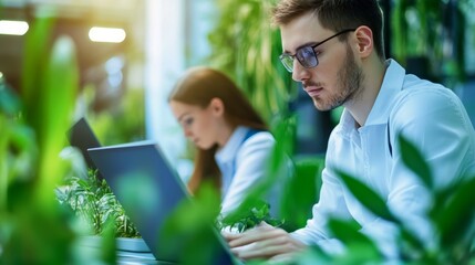 Poster - Professionals working on laptops in a vibrant green workspace filled with plants