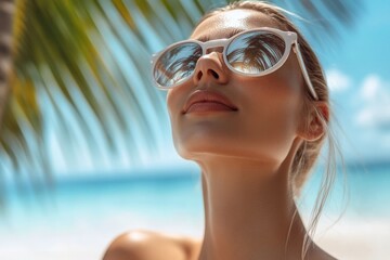 Aufkleber - Woman enjoys the tropical beach while wearing stylish sunglasses and reflecting on the calm sea surrounded by palm trees