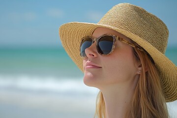Aufkleber - Relaxing woman enjoying sunny beach day while wearing a hat and sunglasses by the ocean on a clear summer afternoon