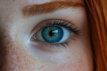 Poster - Close-up of a striking blue eye reflecting light with red hair and freckles in natural light