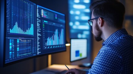 Aufkleber - Data analyst working late at night, surrounded by multiple screens displaying charts and graphs