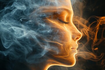 Aufkleber - Artistic representation of a woman's face emerging from colorful smoke in a dark setting