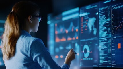 Aufkleber - Woman Analyzing Data on Digital Screens in a Modern Office Environment at Night