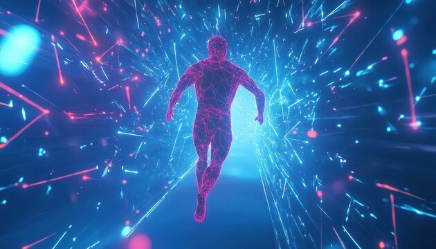 Glowing Digital Figure Running Through Neon Tunnel