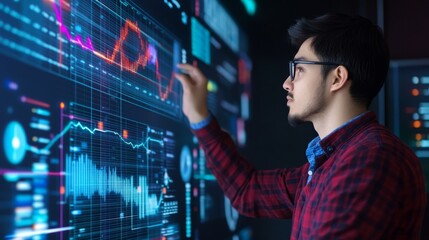 Aufkleber - Young man analyzing digital data on a futuristic touchscreen in a tech-savvy environment