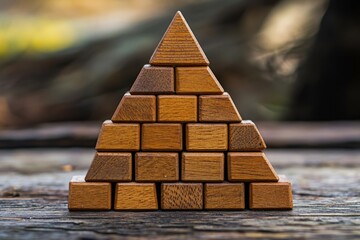 Poster - Wooden blocks arranged in a pyramid shape on a rustic wooden surface surrounded by blurred greenery