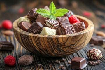 Poster - Delicious assortment of gourmet chocolates in a wooden bowl with mint and raspberries on a rustic table