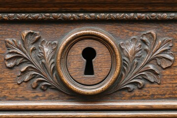 Poster - Ornately carved wooden drawer featuring a detailed keyhole and decorative foliage design