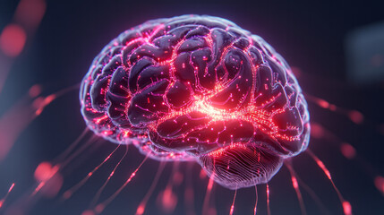 Poster - A futuristic AI brain visualized as a radiant network of energy beams and shifting light circuits,