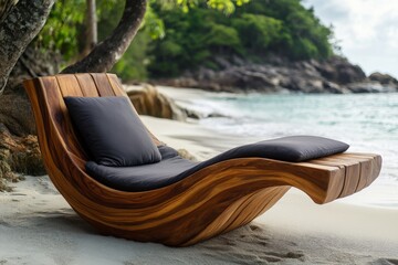 Aufkleber - Beautiful wooden lounge chair by the beach under trees on a sunny day surrounded by nature