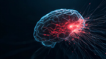 Poster - A futuristic AI brain visualized as a radiant network of energy beams and shifting light circuits,