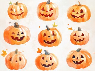 Aufkleber - Nine Watercolor Pumpkins with Happy Faces on White Background