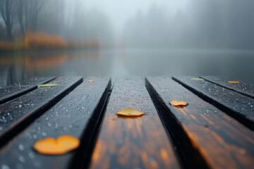 Aufkleber - Rainy autumn morning by the tranquil lake with fallen leaves on wooden dock