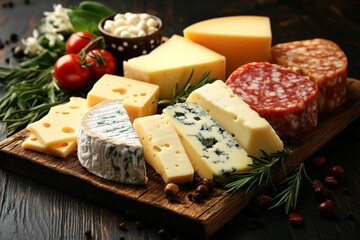 Poster - Cheese and charcuterie platter with fresh vegetables and herbs displayed on a wooden board in a cozy environment