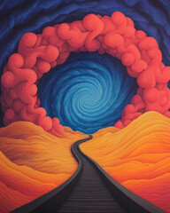 Poster - A futuristic cognitive field where neural impulses travel in swirling waves across vibrant terrain,