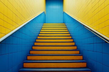 Poster - Vibrant stairs leading to a bright blue and yellow tiled exit in a modern urban space